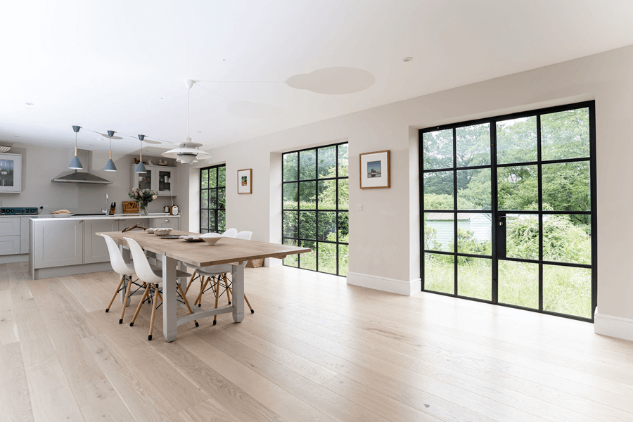 Open plan kitchen with external french doors